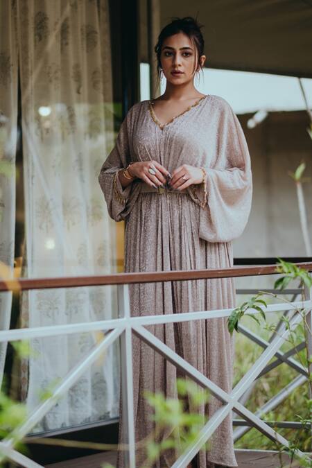 Buy_Aaryaa By Kashveen Kohli_Gold Shimmer Stretch Beads V Neck Kaftan With Belt _Online_at_Aza_Fashions