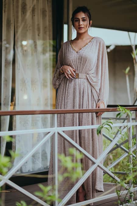 Shop_Aaryaa By Kashveen Kohli_Gold Shimmer Stretch Beads V Neck Kaftan With Belt _Online_at_Aza_Fashions