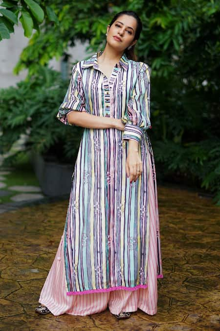 Aaryaa By Kashveen Kohli Cotton Striped Kurta & Palazzo Set 