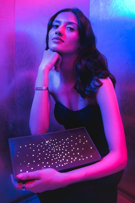 And Also Black Embellished Luna Led Leather Clutch