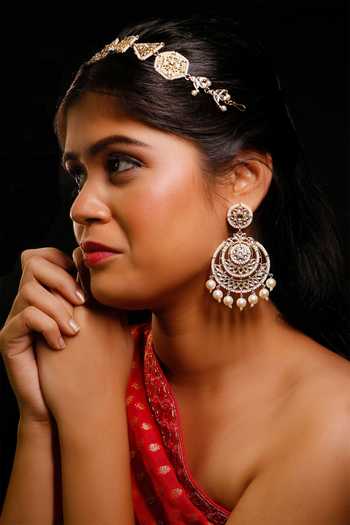 Shop Ishhaara Gold Plated Pearls, Diamonds And White Kundan Chandbalis Set Online at Aza Fashions Shop_Ishhaara_Gold Plated Pearls, Diamonds And White Kundan Chandbalis Set _Online_at_Aza_Fashions