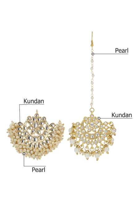 Ishhaara_Gold Plated Pearls, Diamonds Kundan Chandbalis Set _Online_at_Aza_Fashions