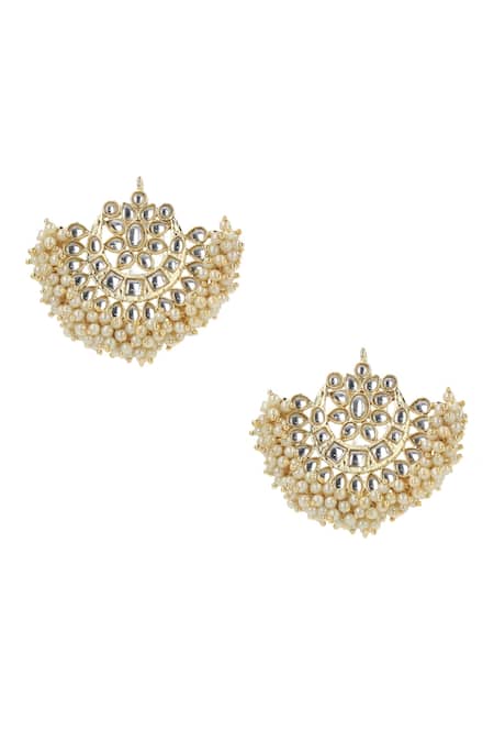 Shop_Ishhaara_Gold Plated Pearls, Diamonds Kundan Chandbalis Set _Online_at_Aza_Fashions