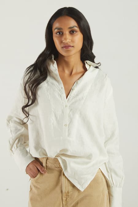 Reistor White 100% Hemp Solid Collared Neck Gathered Shoulder Shirt  