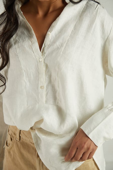 Shop Reistor White 100% Hemp Collared Neck Gathered Shoulder Shirt Online at Aza Fashions Shop_Reistor_White 100% Hemp Collared Neck Gathered Shoulder Shirt _Online_at_Aza_Fashions