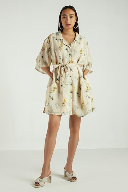 Reistor Beige 100% Crepe Leaf Motifs Collared Neck Boxy Shirt Dress  