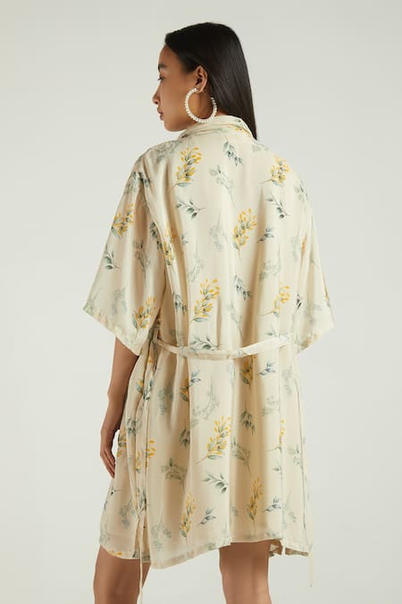 Shop Reistor Beige 100% Crepe Leaf Motifs Collared Neck Boxy Shirt Dress at Aza Fashions Shop_Reistor_Beige 100% Crepe Leaf Motifs Collared Neck Boxy Shirt Dress _at_Aza_Fashions