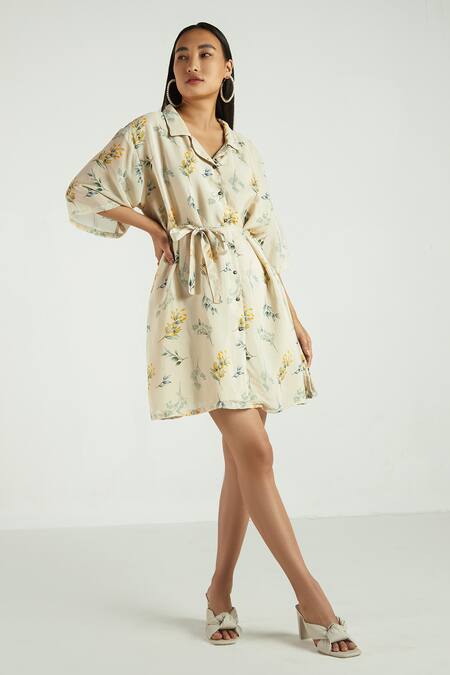 Reistor Beige 100% Crepe Leaf Motifs Collared Neck Boxy Shirt Dress Online at Aza Fashions Reistor_Beige 100% Crepe Leaf Motifs Collared Neck Boxy Shirt Dress _Online_at_Aza_Fashions