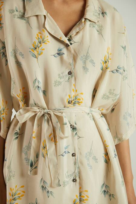 Shop Reistor Beige 100% Crepe Leaf Motifs Collared Neck Boxy Shirt Dress Online at Aza Fashions Shop_Reistor_Beige 100% Crepe Leaf Motifs Collared Neck Boxy Shirt Dress _Online_at_Aza_Fashions