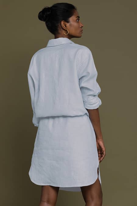 Shop Reistor Blue Hemp Collared Neck Shirt Dress at Aza Fashions Shop_Reistor_Blue Hemp Collared Neck Shirt Dress _at_Aza_Fashions