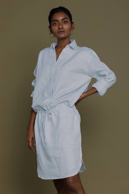 Buy Reistor Blue Hemp Collared Neck Shirt Dress Online at Aza Fashions Buy_Reistor_Blue Hemp Collared Neck Shirt Dress _Online_at_Aza_Fashions
