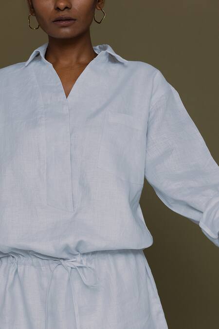 Reistor Blue Hemp Collared Neck Shirt Dress at Aza Fashions Reistor_Blue Hemp Collared Neck Shirt Dress _at_Aza_Fashions