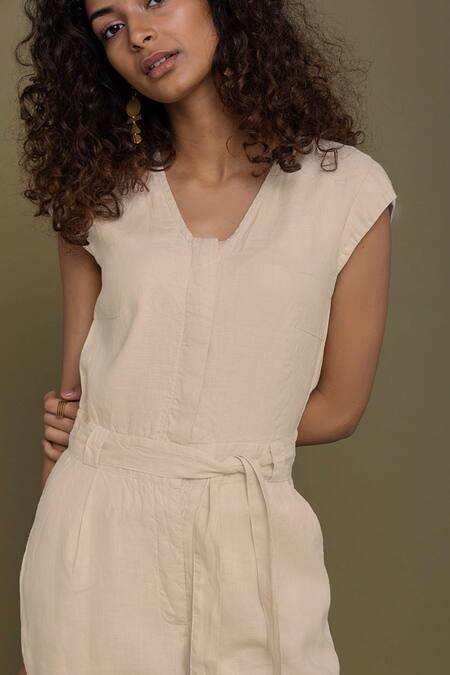 Reistor_Beige Hemp V Neck Straight-leg Jumpsuit _at_Aza_Fashions