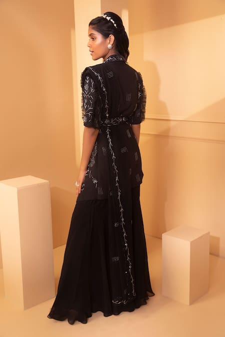 Shop Miku Kumar Black Net, , Triple Floral Embroidered Jacket Gharara Set at Aza Fashions Shop_Miku Kumar_Black Net, , Triple Floral Embroidered Jacket Gharara Set _at_Aza_Fashions
