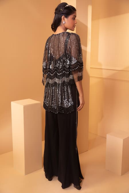 Miku Kumar_Black Net, Georgette Sweetheart Neck Embroidered Tunic Set With Fringe Cape _Online_at_Aza_Fashions