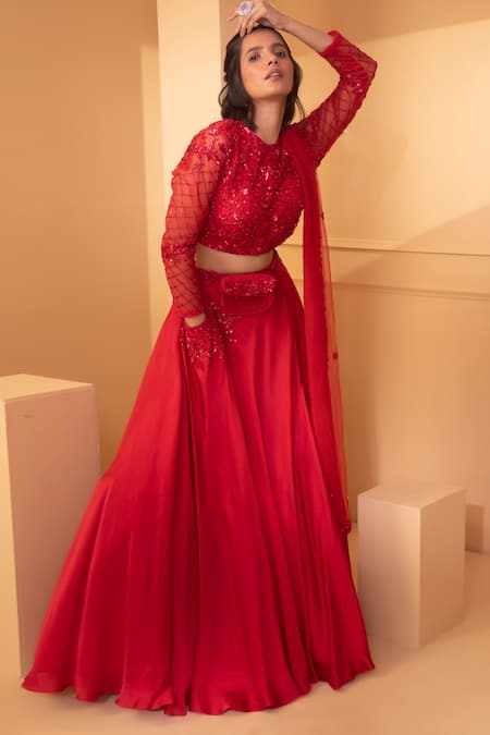 Miku Kumar Red Net Embroidered Floral Motifs Round Flared Skirt Set 