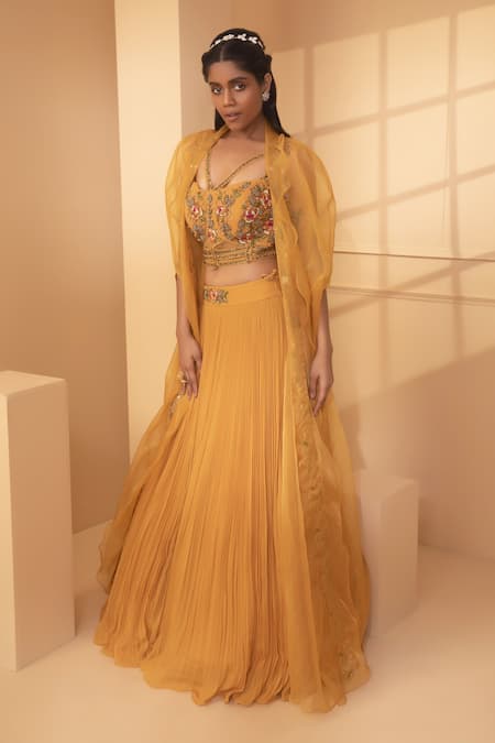 Miku Kumar_Orange Net, Tissue, Georgette Floral Skirt Set With Embroidered Ruffle Cape_Online_at_Aza_Fashions
