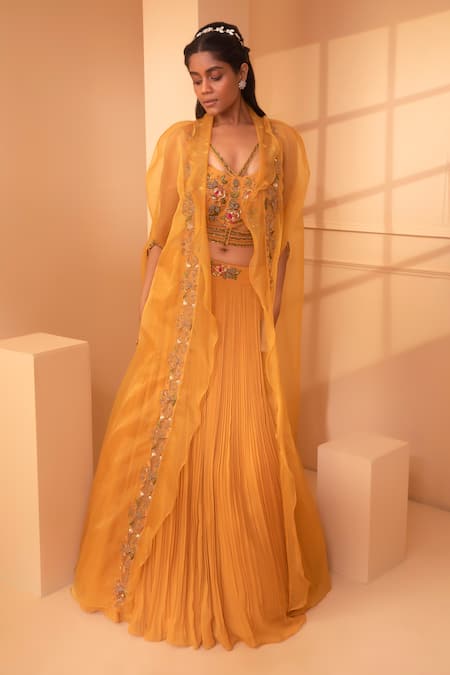Buy_Miku Kumar_Orange Net, Tissue, Georgette Floral Skirt Set With Embroidered Ruffle Cape_Online_at_Aza_Fashions
