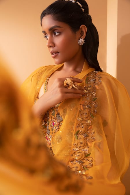 Shop_Miku Kumar_Orange Net, Tissue, Georgette Floral Skirt Set With Embroidered Ruffle Cape_Online_at_Aza_Fashions