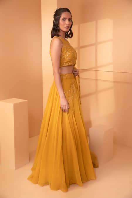 Miku Kumar_Yellow Organza, Net Floral Motifs Round Embroidered Lehenga Set_Online_at_Aza_Fashions