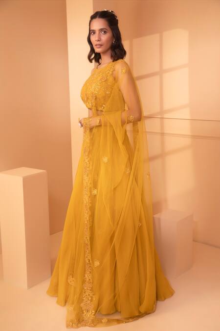 Buy_Miku Kumar_Yellow Organza, Net Floral Motifs Round Embroidered Lehenga Set_Online_at_Aza_Fashions