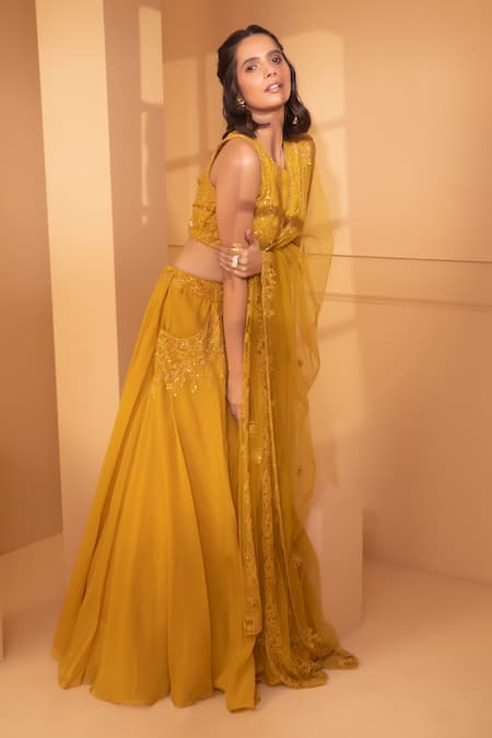 Shop_Miku Kumar_Yellow Organza, Net Floral Motifs Round Embroidered Lehenga Set_Online_at_Aza_Fashions