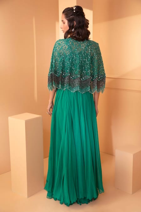 Shop Miku Kumar Green Net, Georgette Floral Motifs V Neck Culottes Set With Embroidered Cape at Aza Fashions Shop_Miku Kumar_Green Net, Georgette Floral Motifs V Neck Culottes Set With Embroidered Cape _at_Aza_Fashions