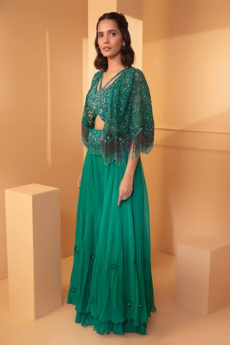 Miku Kumar Green Net, Georgette Floral Motifs V Neck Culottes Set With Embroidered Cape Online at Aza Fashions Miku Kumar_Green Net, Georgette Floral Motifs V Neck Culottes Set With Embroidered Cape _Online_at_Aza_Fashions