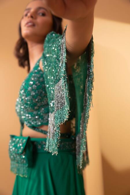 Shop Miku Kumar Green Net, Georgette Floral Motifs V Neck Culottes Set With Embroidered Cape Online at Aza Fashions Shop_Miku Kumar_Green Net, Georgette Floral Motifs V Neck Culottes Set With Embroidered Cape _Online_at_Aza_Fashions