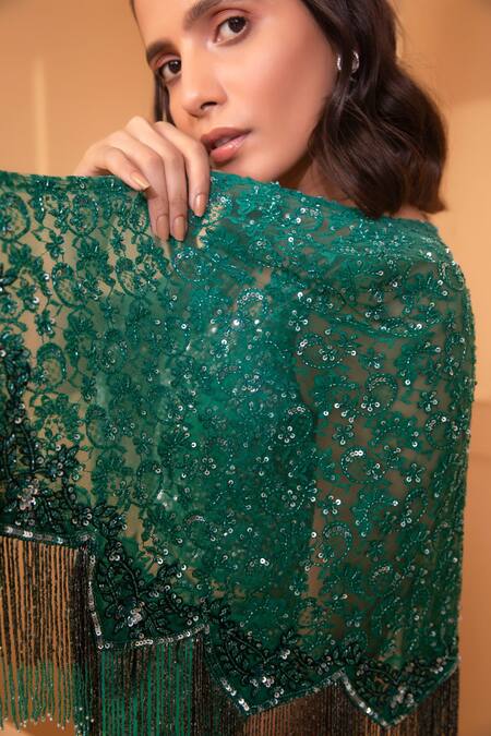 Miku Kumar Green Net, Georgette Floral Motifs V Neck Culottes Set With Embroidered Cape at Aza Fashions Miku Kumar_Green Net, Georgette Floral Motifs V Neck Culottes Set With Embroidered Cape _at_Aza_Fashions