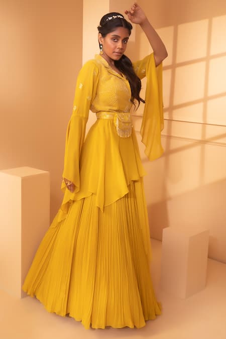 Miku Kumar_Yellow Net, Satin Organza Floral Motifs Embroidered Peplum Jacket Skirt Set_Online_at_Aza_Fashions