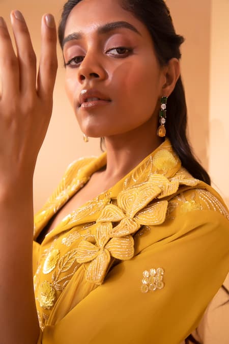 Buy_Miku Kumar_Yellow Net, Satin Organza Floral Motifs Embroidered Peplum Jacket Skirt Set_Online_at_Aza_Fashions