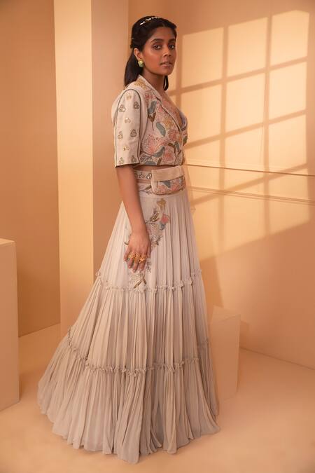 Miku Kumar_White Net, , Triple Tiered Skirt Set With Embroidered Jacket_Online_at_Aza_Fashions