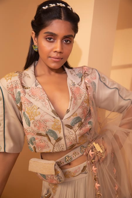 Shop_Miku Kumar_White Net, , Triple Tiered Skirt Set With Embroidered Jacket_Online_at_Aza_Fashions