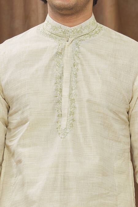 Soniya G_Beige Handloom Silk Floral Kurta And Salwar Set_at_Aza_Fashions