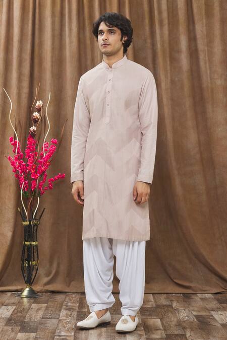 Buy_Soniya G_Gold Handloom Silk Chevron, Pintuck Kurta And Salwar Set_Online_at_Aza_Fashions