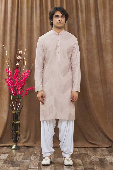 Shop_Soniya G_Gold Handloom Silk Chevron, Pintuck Kurta And Salwar Set_Online_at_Aza_Fashions