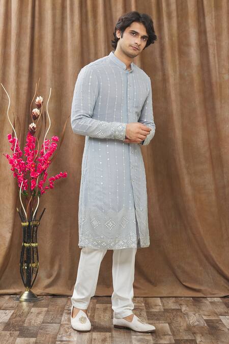 Buy_Soniya G_Blue Lucknowi Geometric, Thread Embroidered Kurta And Pant Set_Online_at_Aza_Fashions
