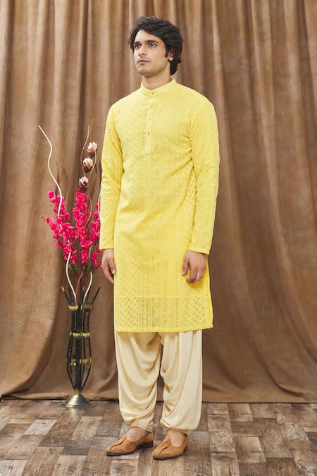 Buy_Soniya G_Yellow Lucknowi Floral, Thread Kurta And Salwar Set_Online_at_Aza_Fashions