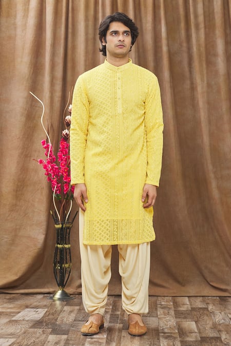 Shop_Soniya G_Yellow Lucknowi Floral, Thread Kurta And Salwar Set_Online_at_Aza_Fashions