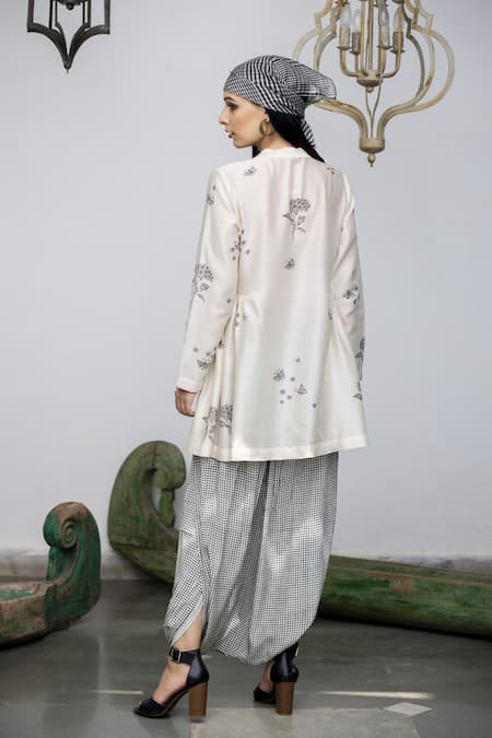 Shop Neeta Bhargava White Crepe, Silk Chanderi Floral Motifs Round Peplum And Draped Pant Set at Aza Fashions Shop_Neeta Bhargava_White Crepe, Silk Chanderi Floral Motifs Round Peplum And Draped Pant Set _at_Aza_Fashions