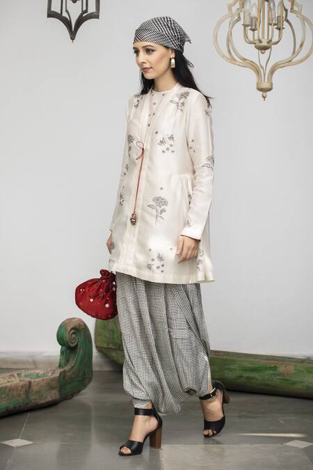 Neeta Bhargava White Crepe, Silk Chanderi Floral Motifs Round Peplum And Draped Pant Set Online at Aza Fashions Neeta Bhargava_White Crepe, Silk Chanderi Floral Motifs Round Peplum And Draped Pant Set _Online_at_Aza_Fashions