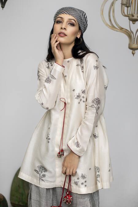 Shop Neeta Bhargava White Crepe, Silk Chanderi Floral Motifs Round Peplum And Draped Pant Set Online at Aza Fashions Shop_Neeta Bhargava_White Crepe, Silk Chanderi Floral Motifs Round Peplum And Draped Pant Set _Online_at_Aza_Fashions