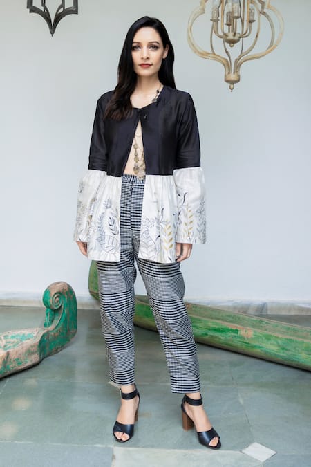 Neeta Bhargava Black Maheshwari, Silk Chanderi Floral Motifs Hand Painted Peplum Top And Pant Set 