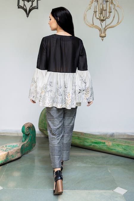Shop Neeta Bhargava Black Maheshwari, Silk Chanderi Floral Motifs Hand Painted Peplum Top And Pant Set at Aza Fashions Shop_Neeta Bhargava_Black Maheshwari, Silk Chanderi Floral Motifs Hand Painted Peplum Top And Pant Set _at_Aza_Fashions