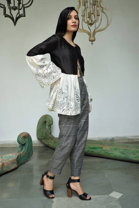Neeta Bhargava Black Maheshwari, Silk Chanderi Floral Motifs Hand Painted Peplum Top And Pant Set Online at Aza Fashions Neeta Bhargava_Black Maheshwari, Silk Chanderi Floral Motifs Hand Painted Peplum Top And Pant Set _Online_at_Aza_Fashions