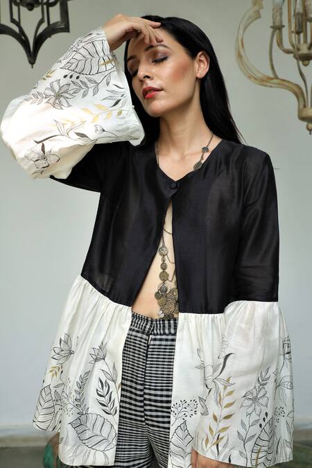 Buy Neeta Bhargava Black Maheshwari, Silk Chanderi Floral Motifs Hand Painted Peplum Top And Pant Set Online at Aza Fashions Buy_Neeta Bhargava_Black Maheshwari, Silk Chanderi Floral Motifs Hand Painted Peplum Top And Pant Set _Online_at_Aza_Fashions