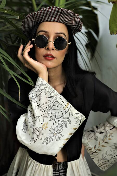 Shop Neeta Bhargava Black Maheshwari, Silk Chanderi Floral Motifs Hand Painted Peplum Top And Pant Set Online at Aza Fashions Shop_Neeta Bhargava_Black Maheshwari, Silk Chanderi Floral Motifs Hand Painted Peplum Top And Pant Set _Online_at_Aza_Fashions