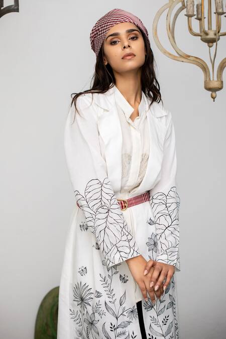 Shop Neeta Bhargava White Crepe, Linen Floral And Leopard Motifs Hand Painted Jacket & Shirt Set Online at Aza Fashions Shop_Neeta Bhargava_White Crepe, Linen Floral And Leopard Motifs Hand Painted Jacket & Shirt Set _Online_at_Aza_Fashions