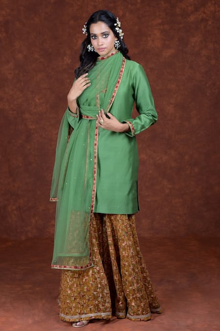 Talking Threads Green Tulle, Chanderi Floral Round Kurta Gharara Set 